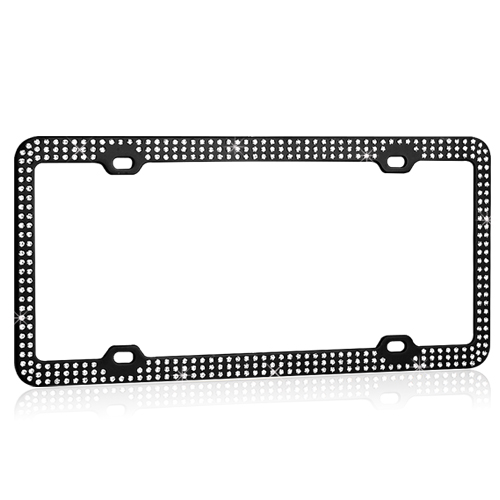Black Metal License Plate Frame with Triple Row Clear Crystals